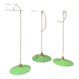 Trio of vintage suspension in green and white enamelled sheet metal indus old farm