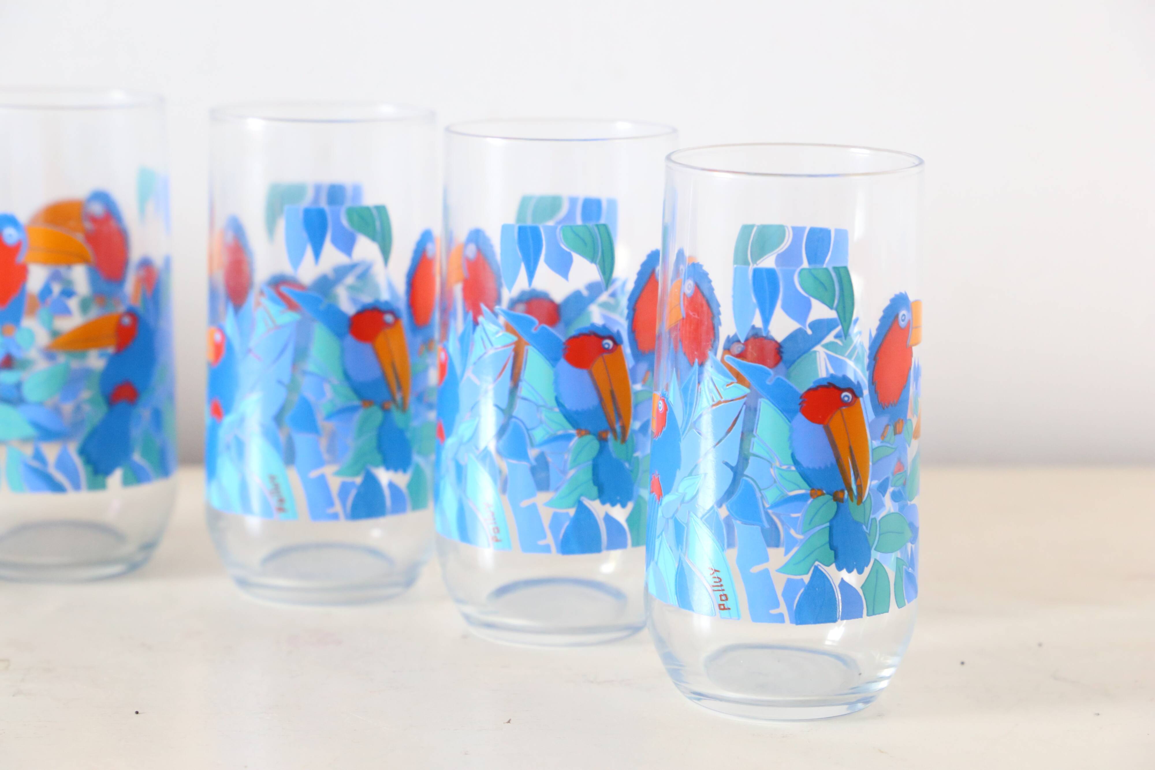 Set of 5 water glasses, bird decorations, 70s/80s, vintage