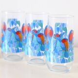 Set of 5 water glasses, bird decorations, 70s/80s, vintage