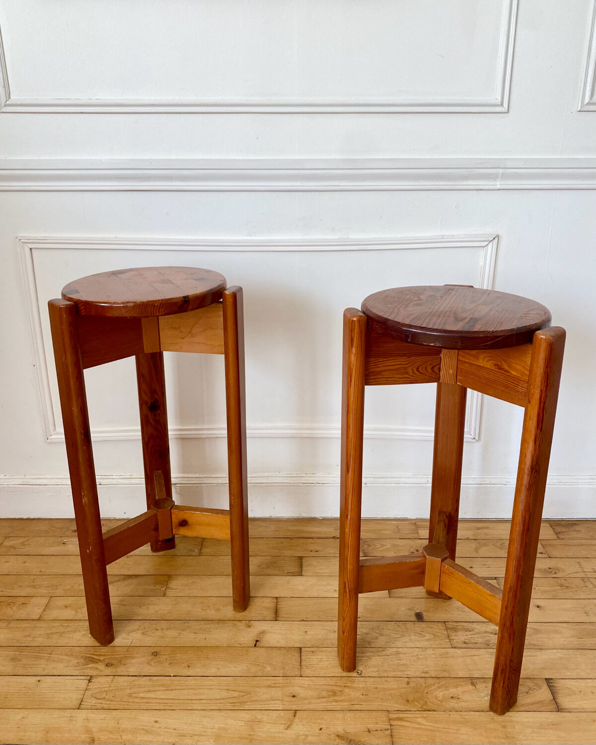 Pair of vintage pine top stools