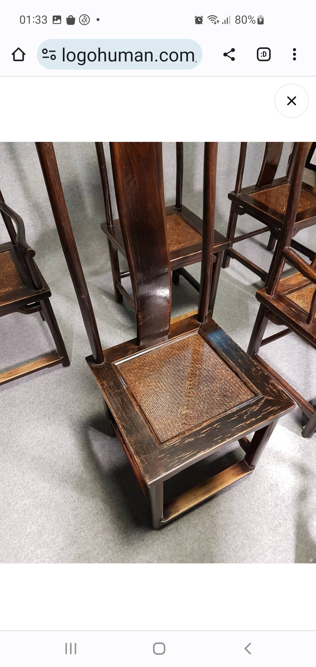 6 Vintage Oriental Asian Chinese Brown Tallback Yokeback Side Chairs. 2 x armchair / 4 x without a