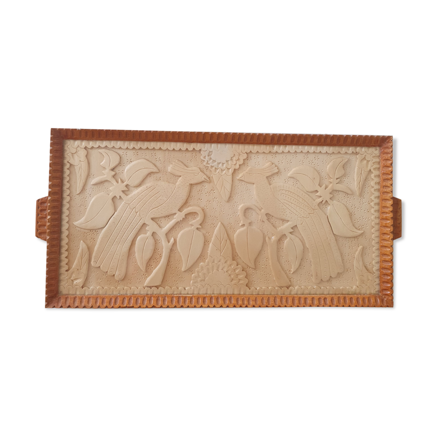 Ethnic tray in glass and carved wood