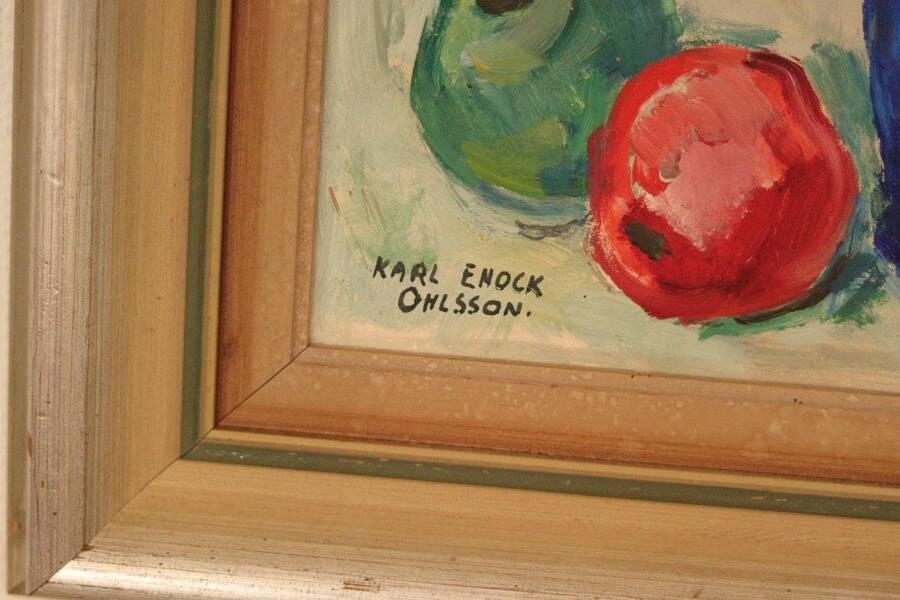 Original mid-century Swedish oil on panel – “Tea” by Karl Enoch Ohlsson – vintage & framed – 56 × 64 cm