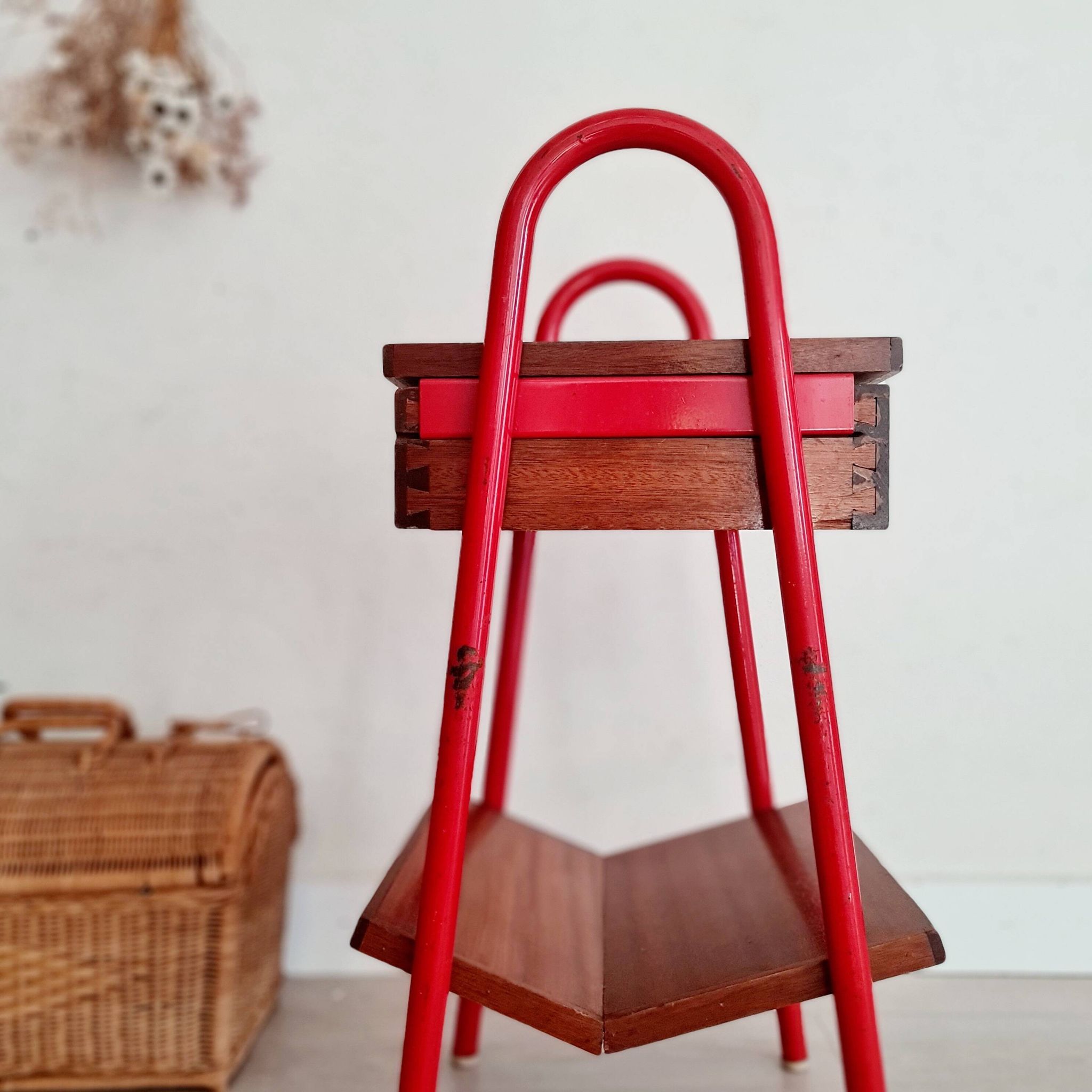 Small piece of furniture - boarding school type bedside table wood red metal