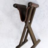 Vintage x-base oak and saddle leather folding safari stool Hungary, 1970