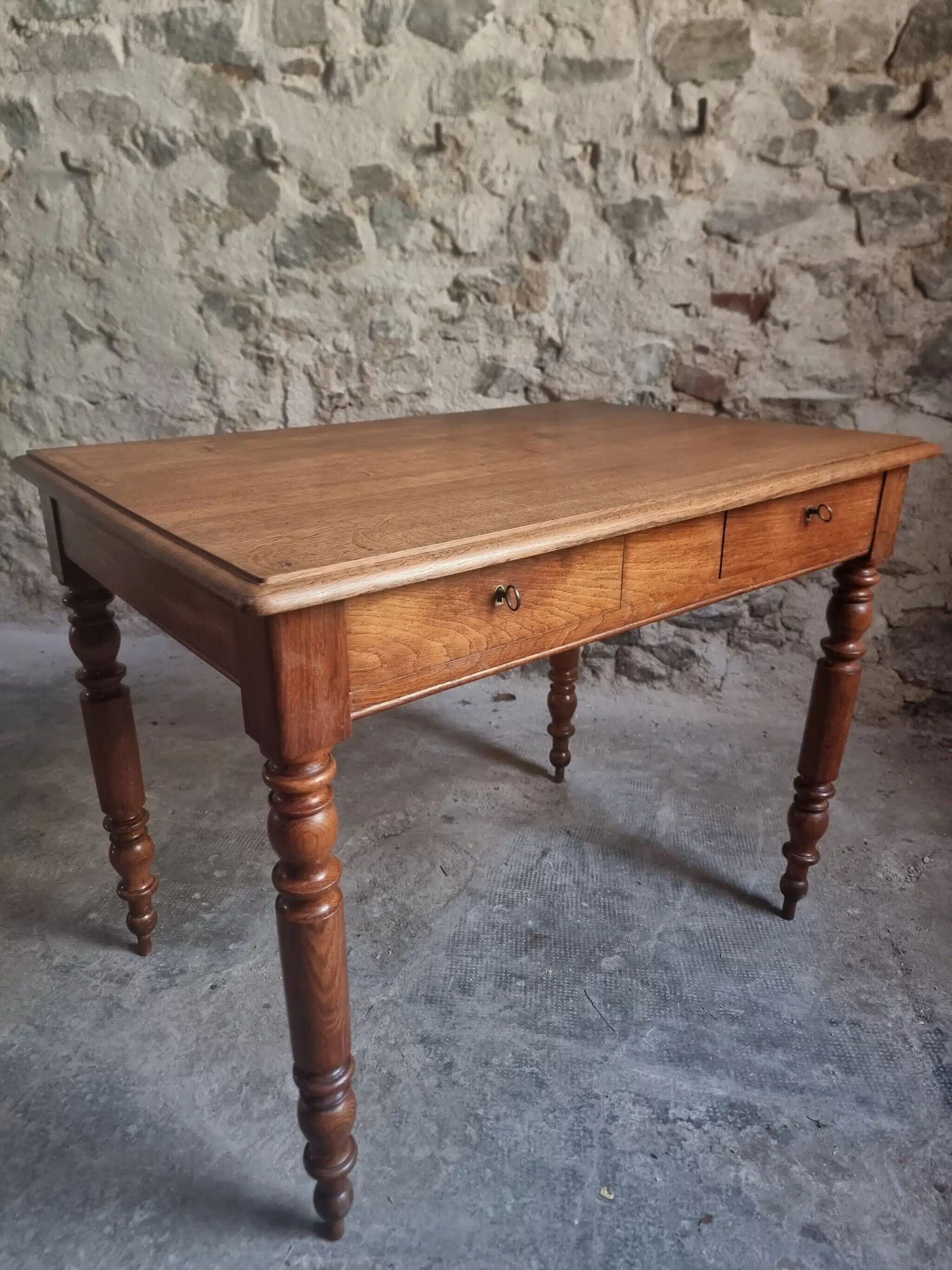 Antique French oak writing desk with 2 lockable drawers, circa 1920.