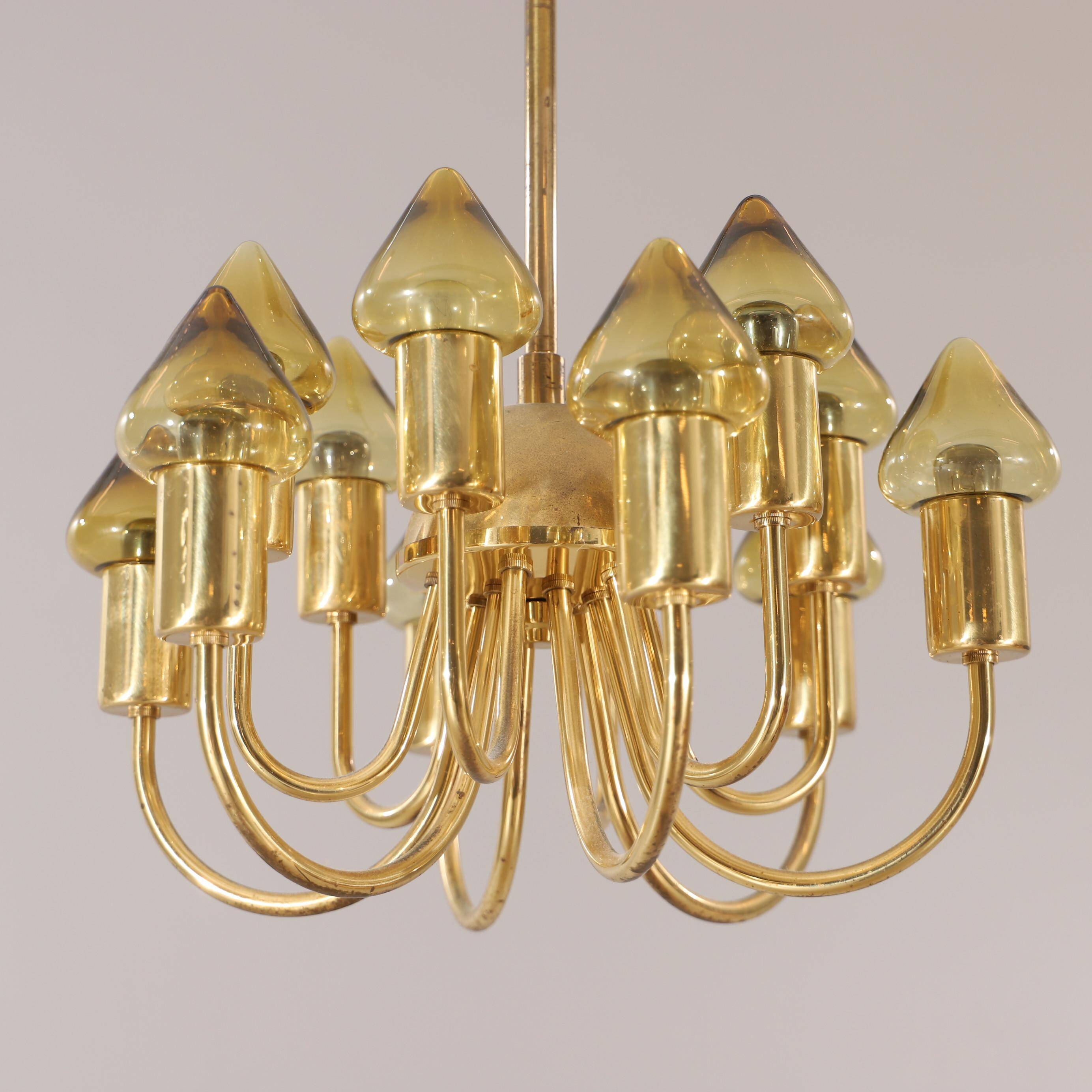 Hans-Agne Jakobsson 12-Armed Brass and Glass Model T 789/12 Chandelier, 1960s