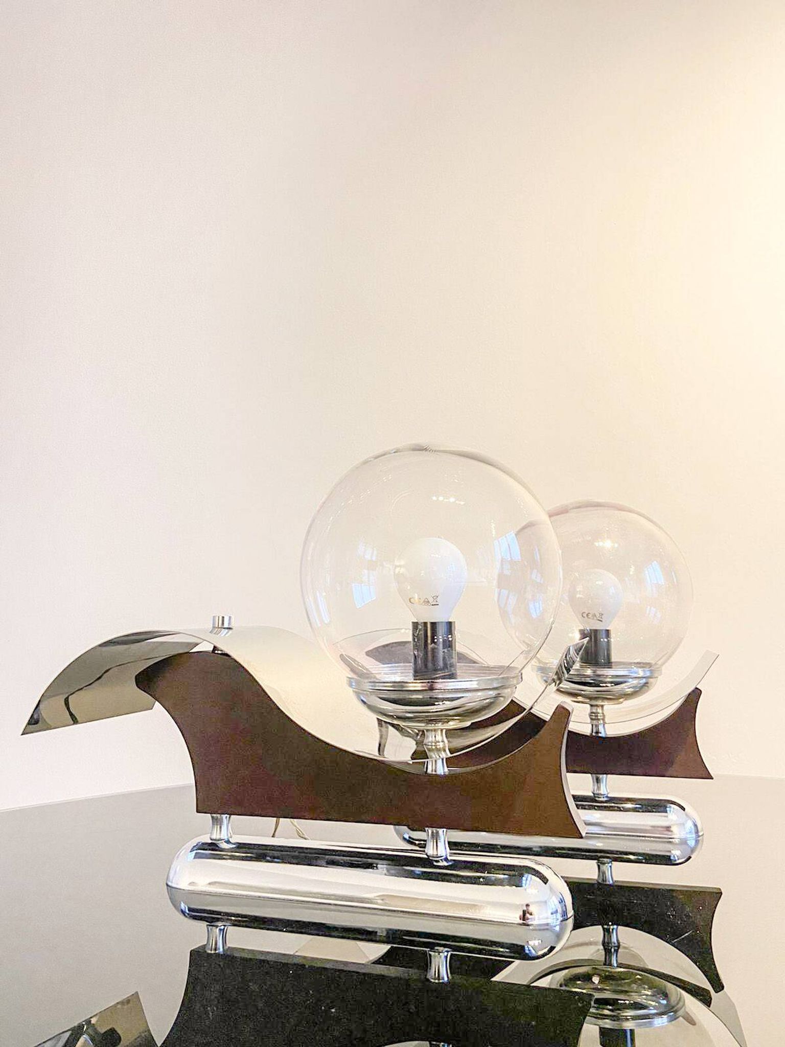 Pair of metal and blown glass wall lights, Italy 1970s, in excellent condition.