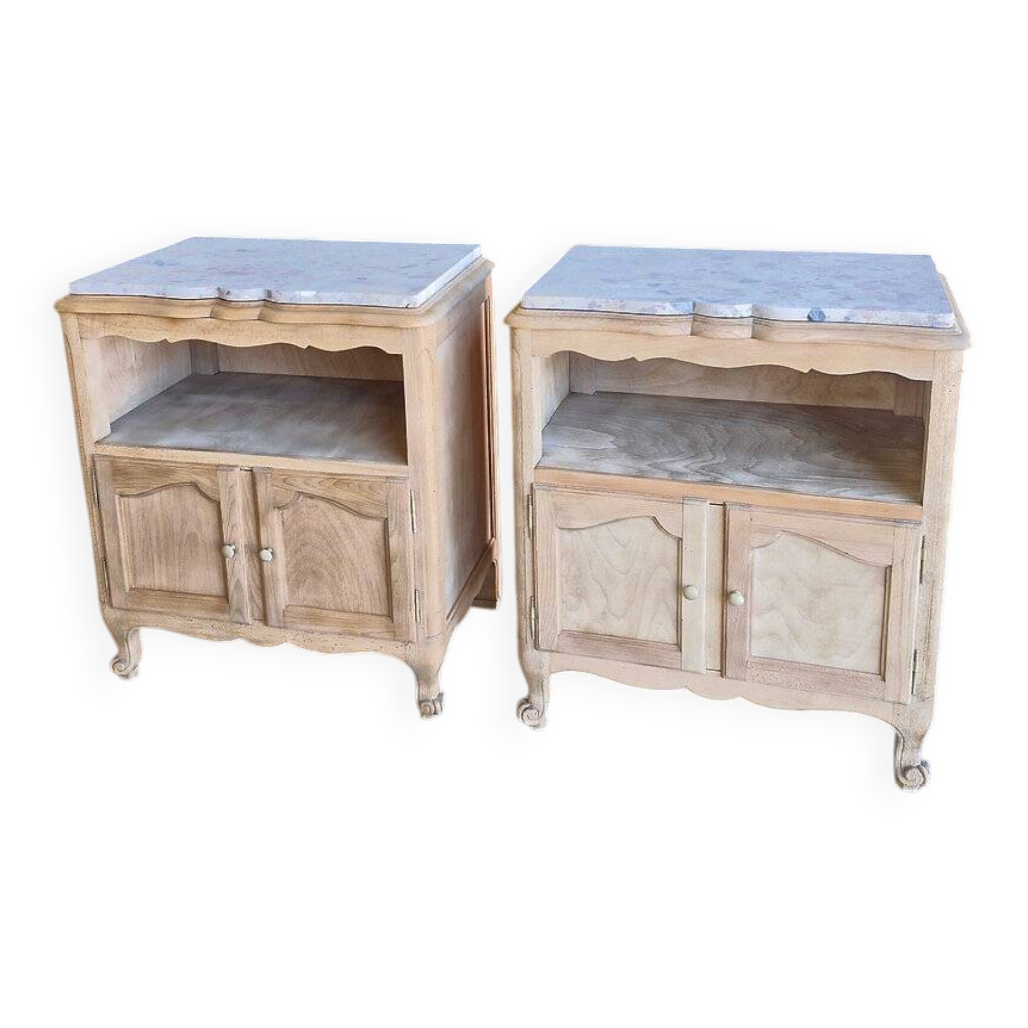 2 antique bedside tables made of solid wood and marble – sandblasted