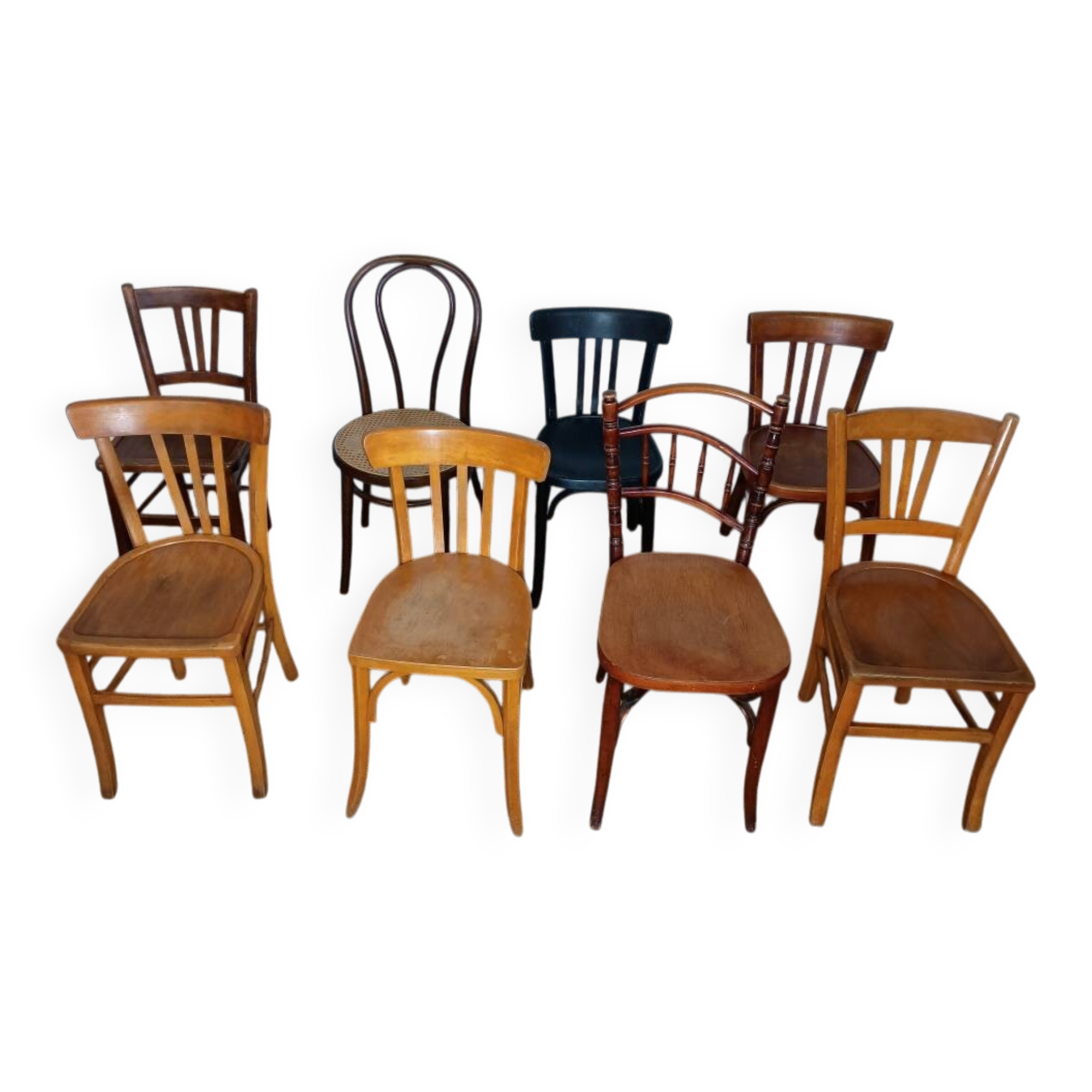 Set of 8 mismatched vintage bistro chairs