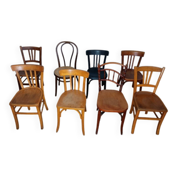 Set of 8 mismatched vintage bistro chairs