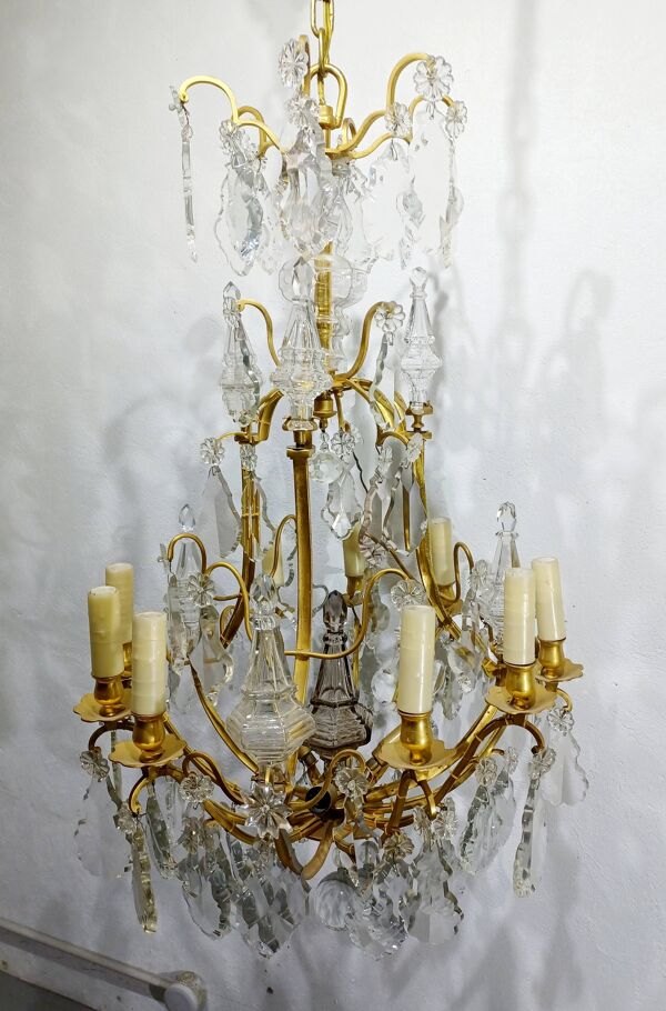 Lustre cage 12 lumières bronze et cristal