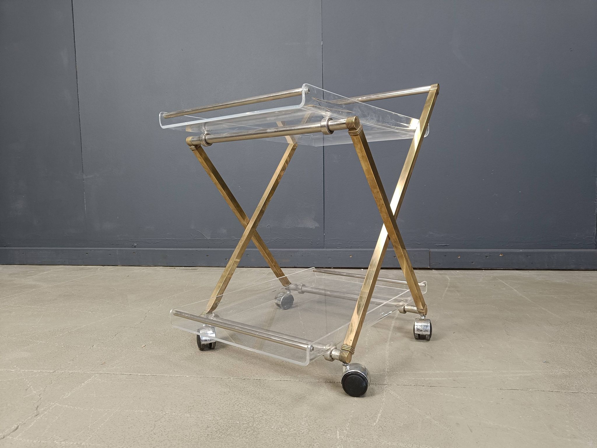 Vintage lucite and brass trolley, 1970s