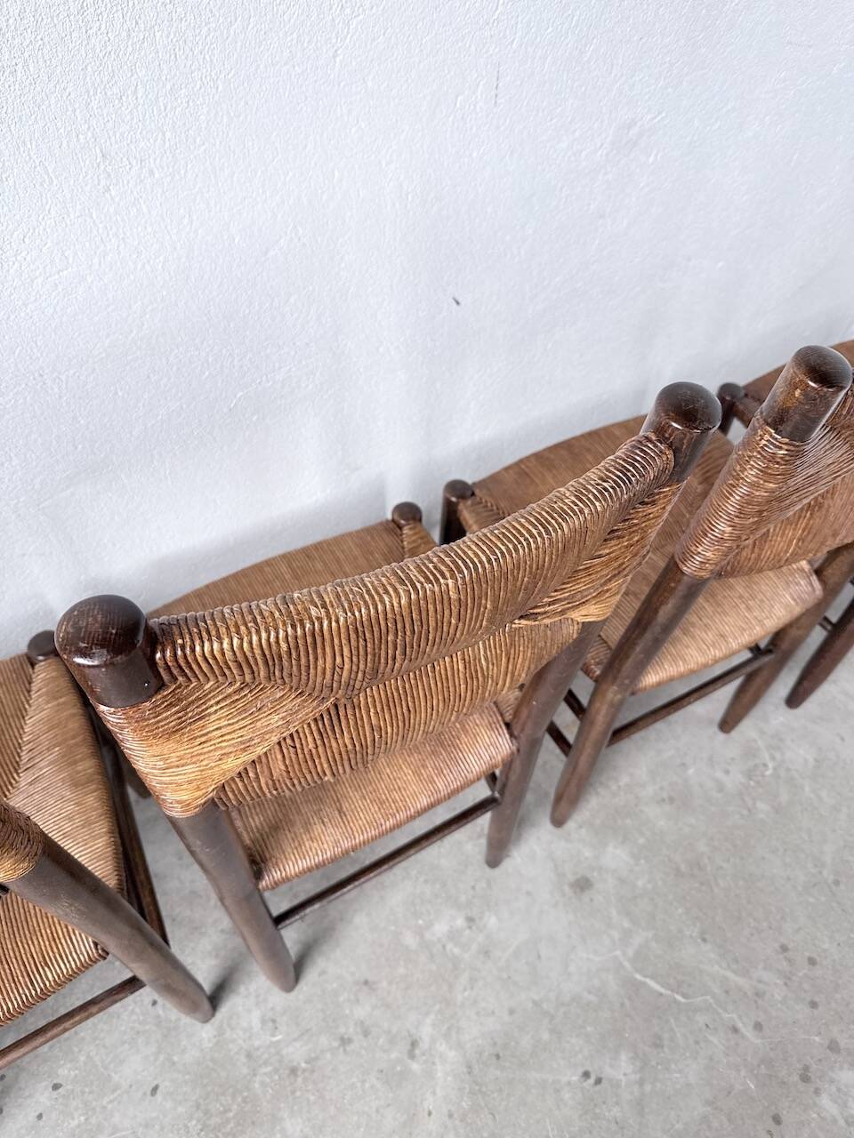 Set of 6 straw and oak Beauche chairs.