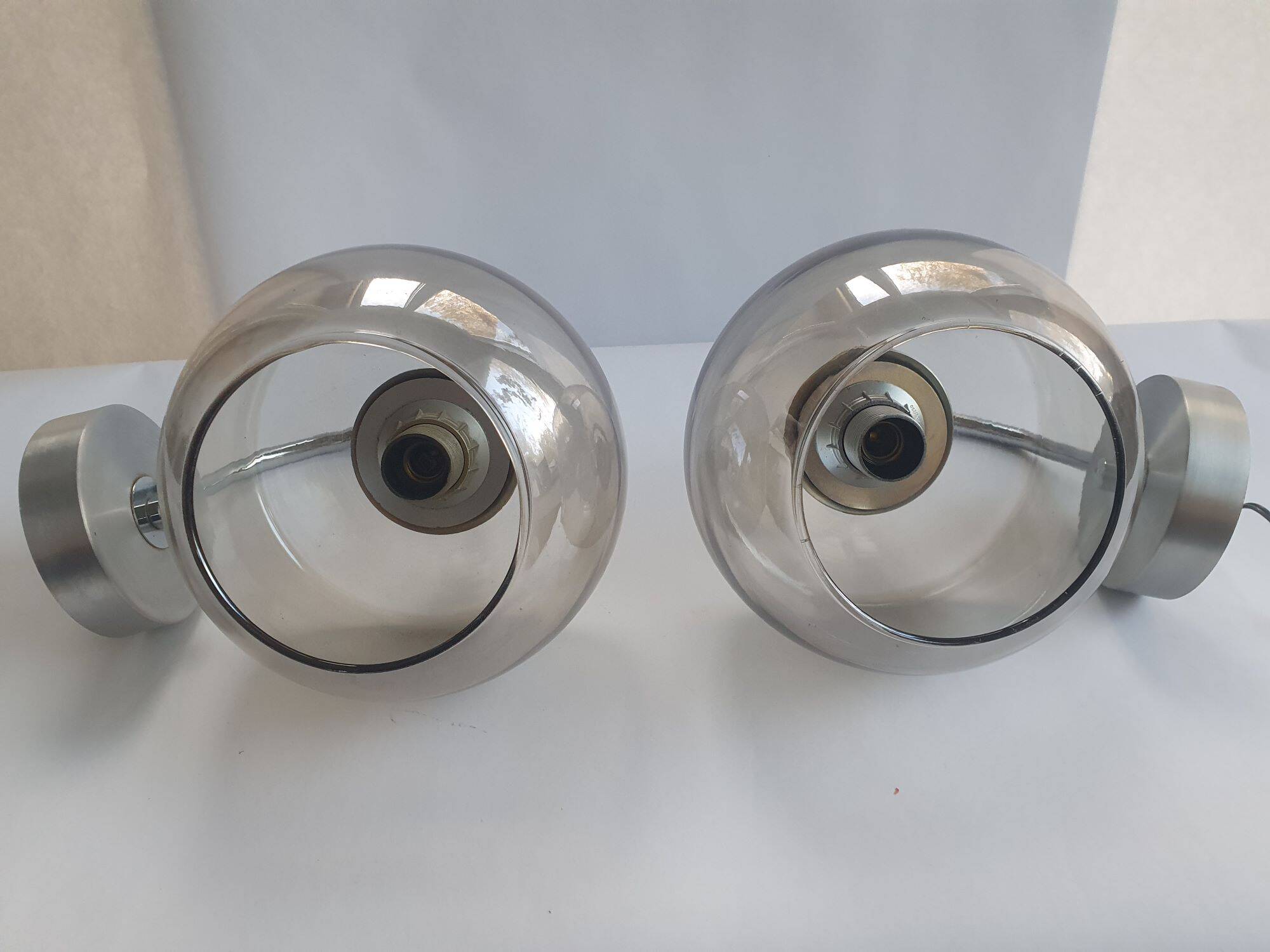 Pair of 1980s chrome metal and smoked glass wall lights