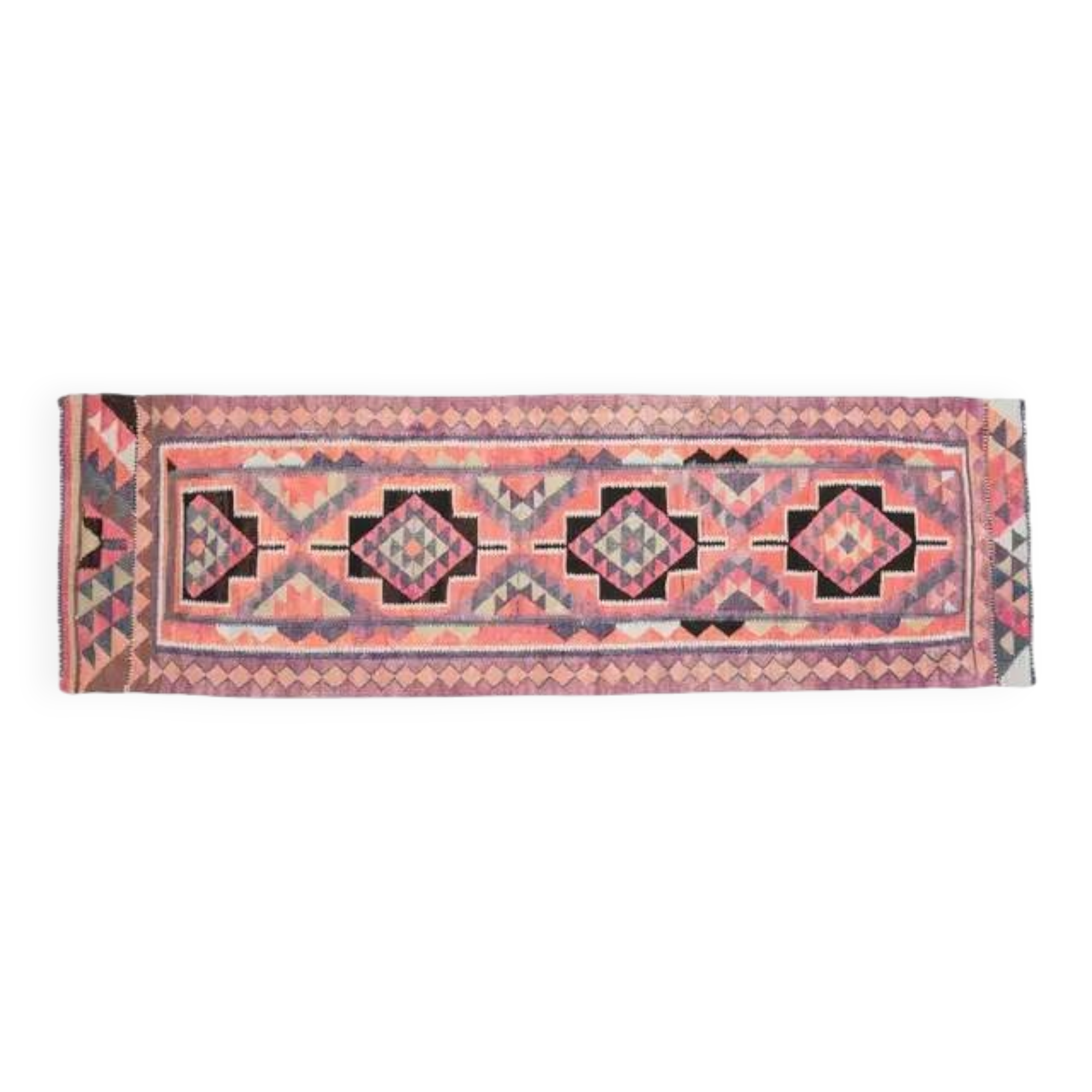 1970s Vintage Turkish Handmade Wool & Cotton Pink Runner Rug 101x318
