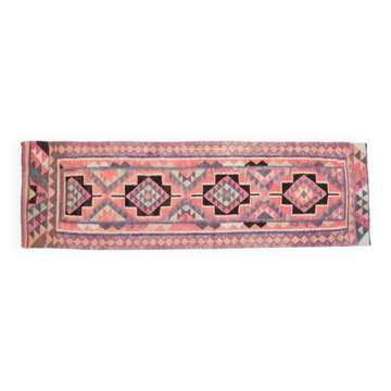 Tapis couloir vintage turc fait main en laine et coton rose des années 1970 101x318
