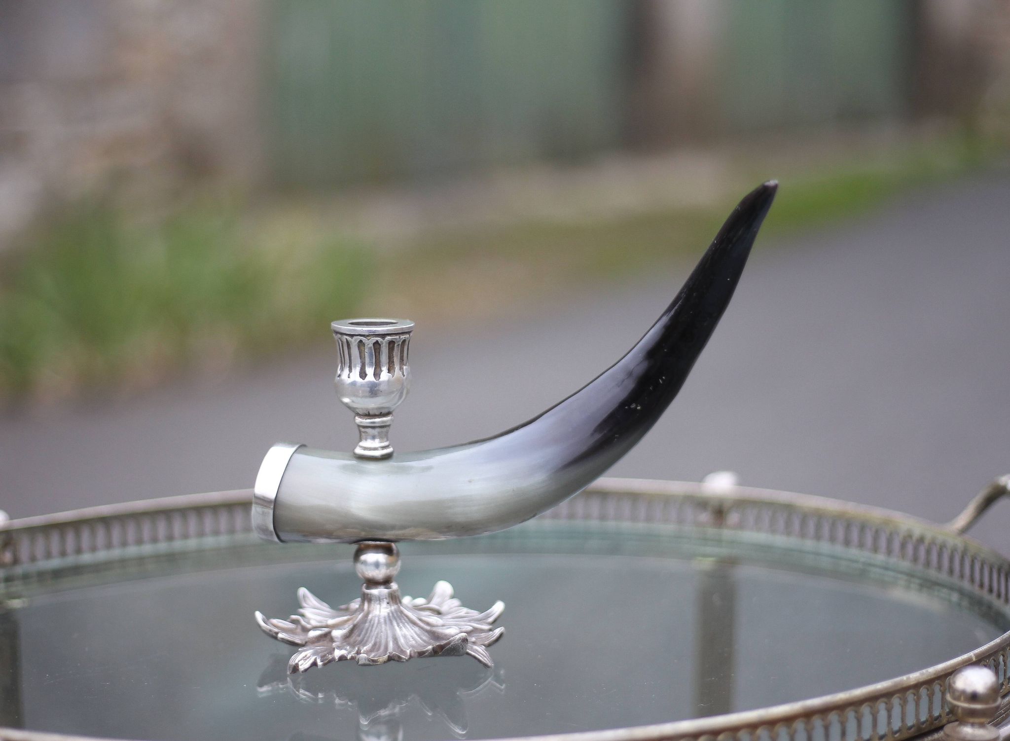 Candle holder signed Alice Joly, horn and silver metal candle holder, candle holder, interior decoration