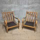 Pair of Wooden Armchairs with Curved Arms, Czechoslovakia, 1940s–1950s