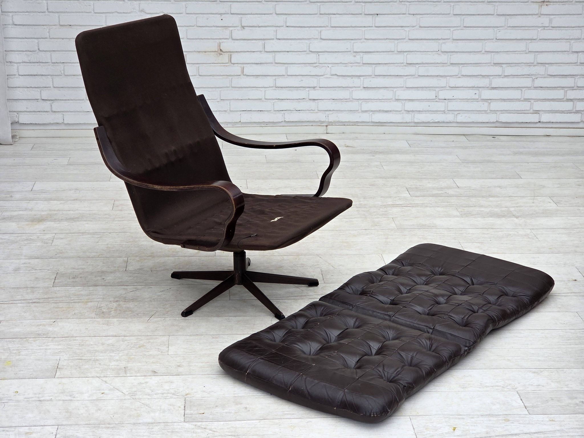 1970s, Scandinavian swivel armchair, original patchwork furniture leather.
