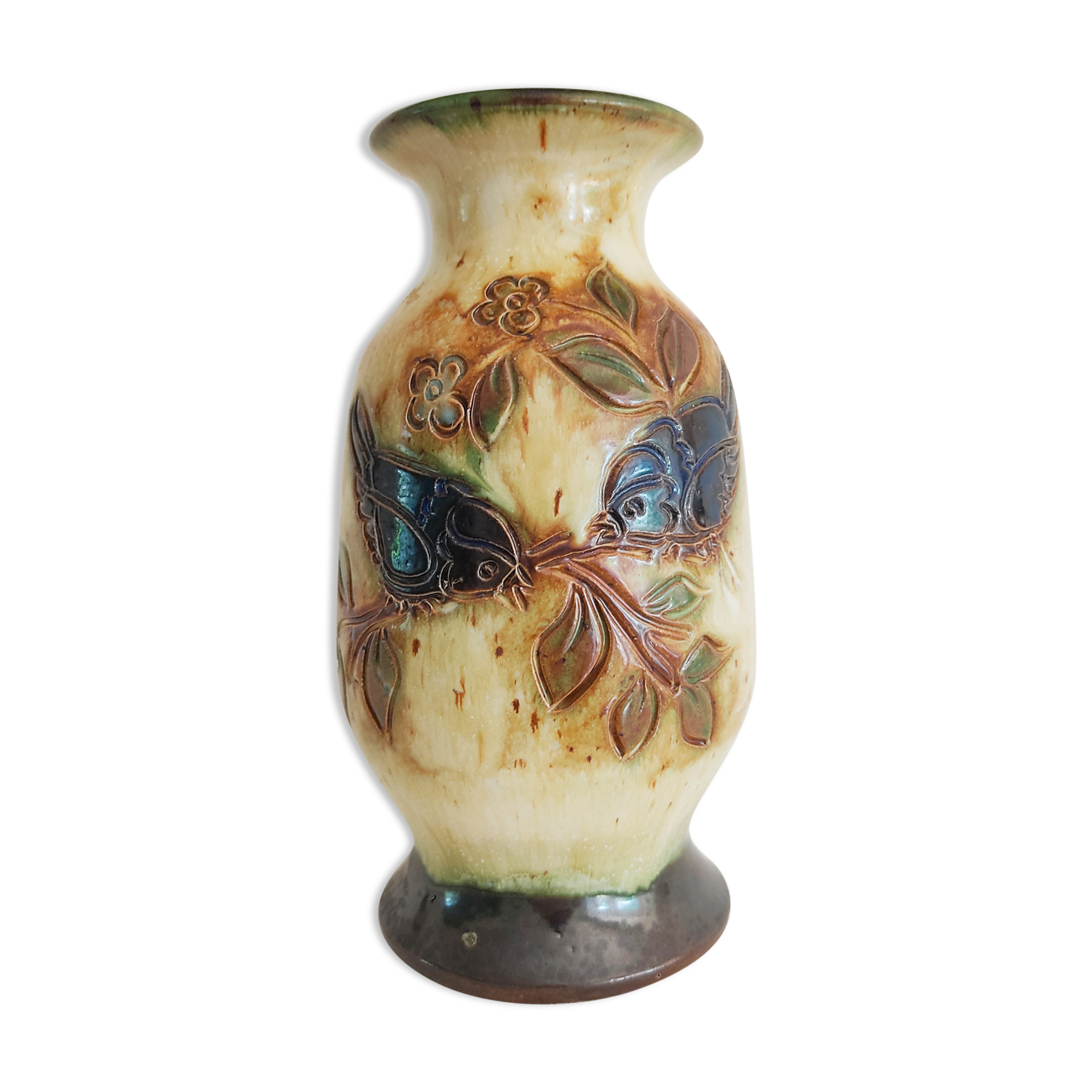 Vase vintage aux oiseaux en grès signé Biran