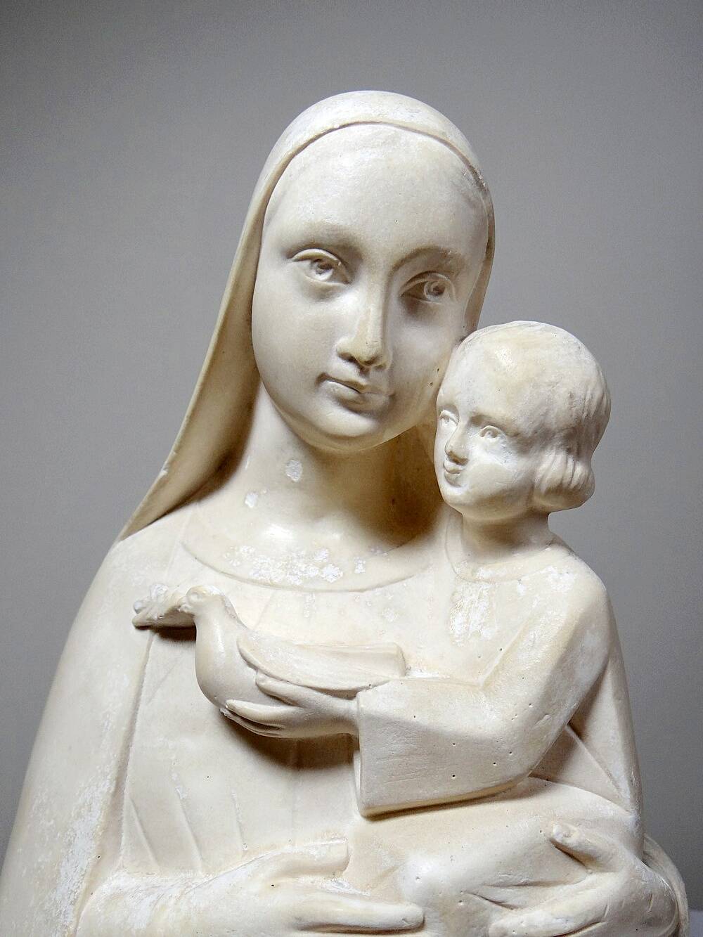 Bust of the Virgin and Child, waxed plaster, old art deco style, PP Deposited
