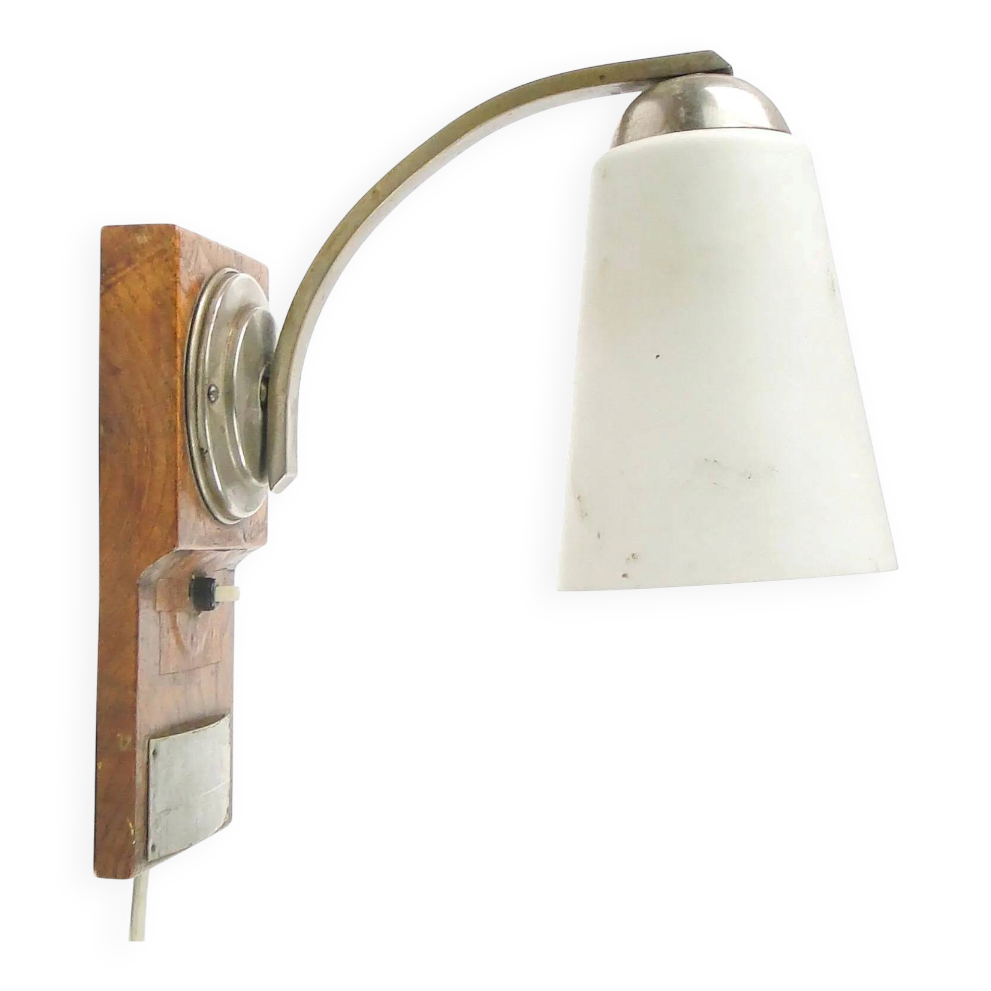 Art Deco wall lamp, nickel-plated brass, walnut wood, Czechoslovakia, 1950s