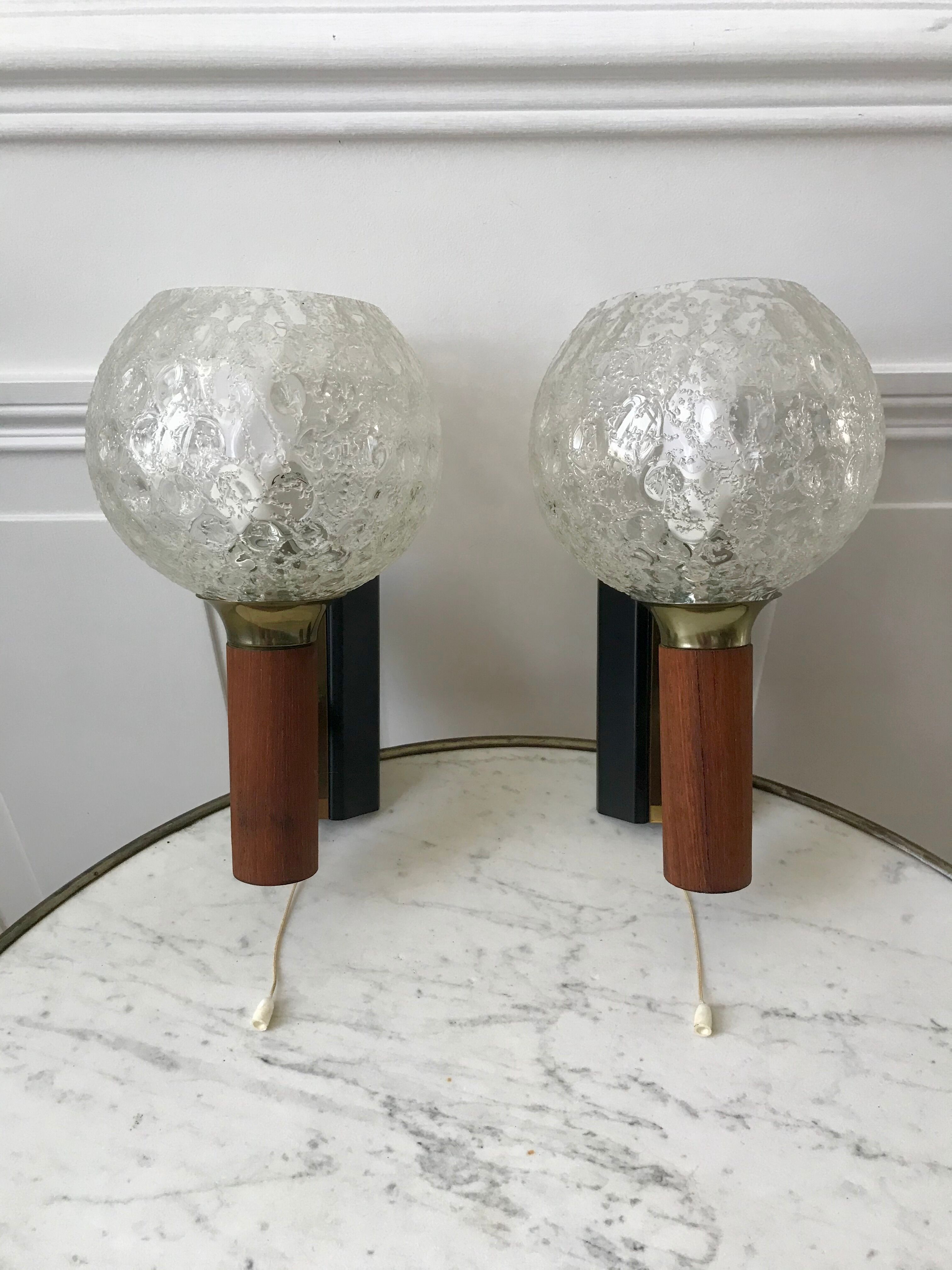 Pair of wall sconces balls in blown glass, metal and teak style 50s