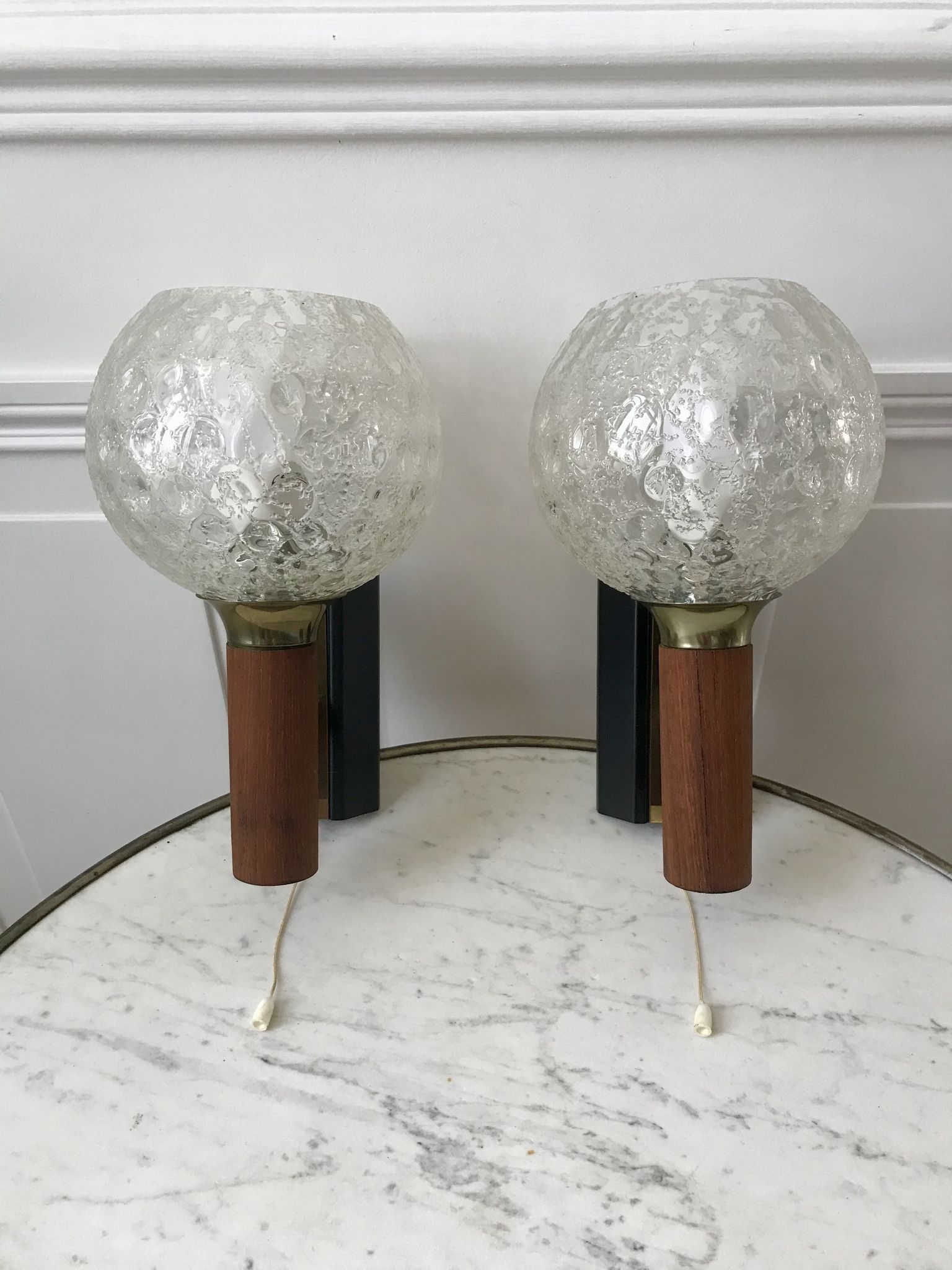 Pair of wall sconces balls in blown glass, metal and teak style 50s