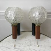 Pair of wall sconces balls in blown glass, metal and teak style 50s