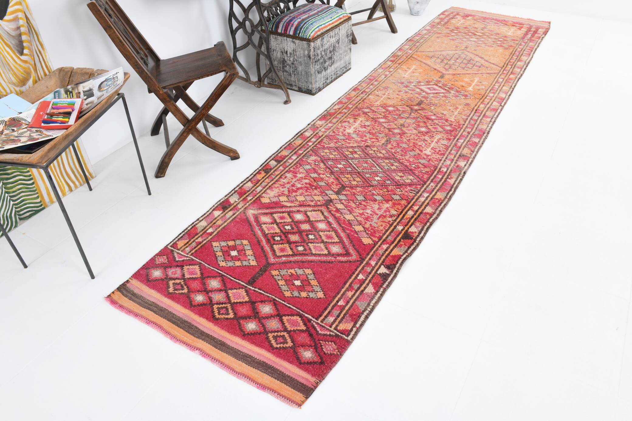 3x12 Red Orange Vintage Runner Rug, 89x373Cm