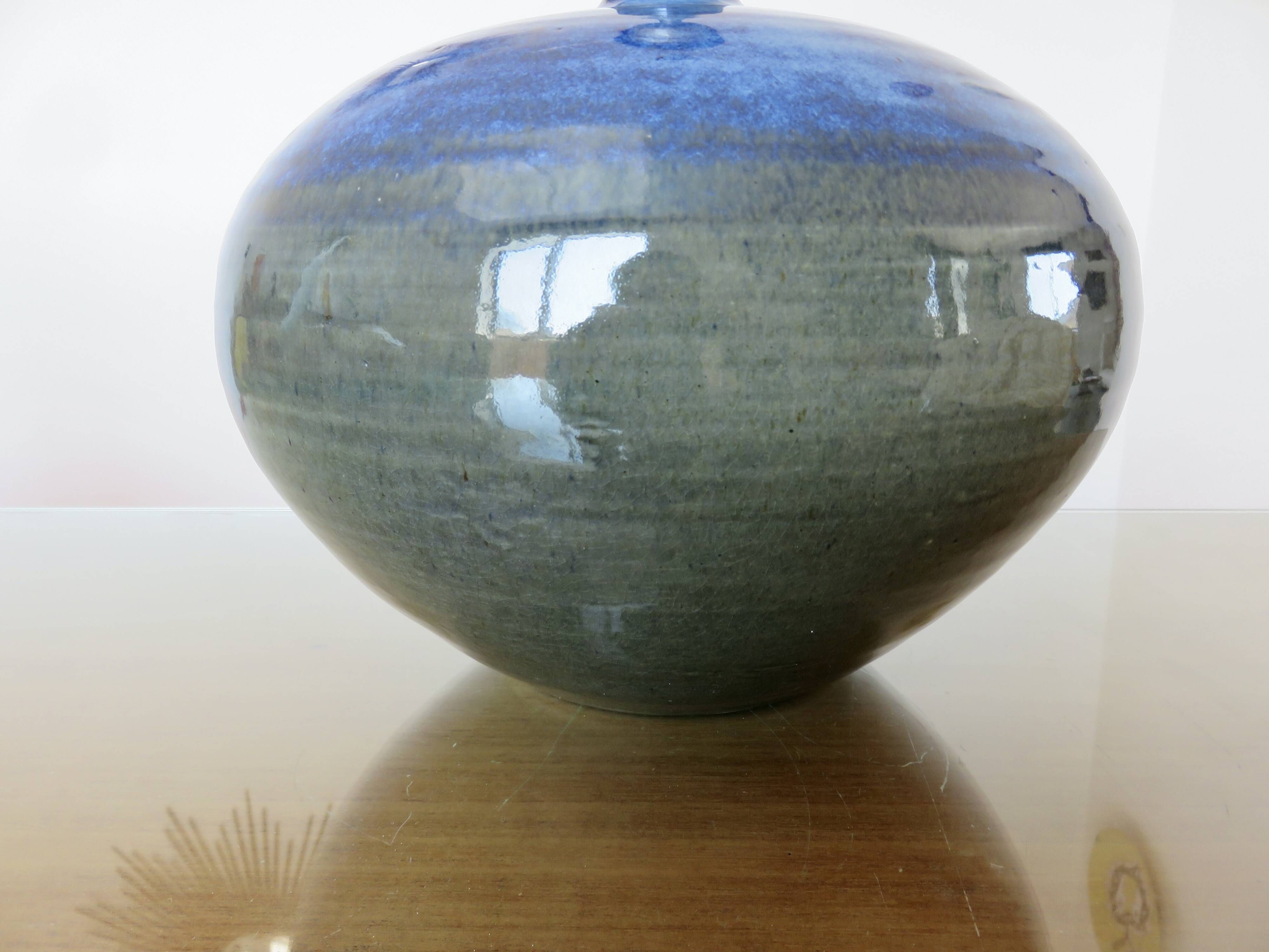 Impressive iridescent blue ceramic lamp with a gradient of green, circa 1960.