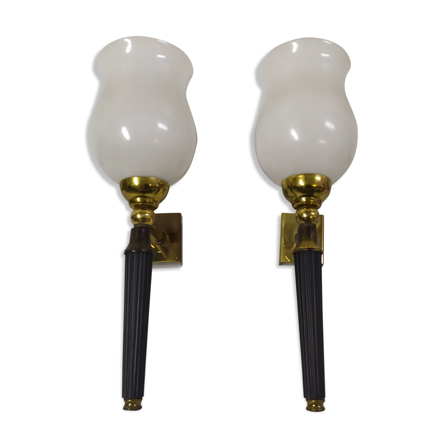 Pair of brass and white opaline wall sconces