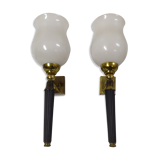 Pair of brass and white opaline wall sconces