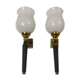 Pair of brass and white opaline wall sconces