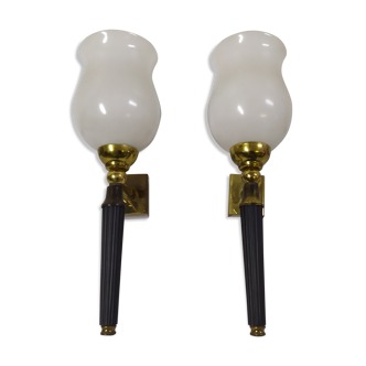 Pair of brass and white opaline wall sconces