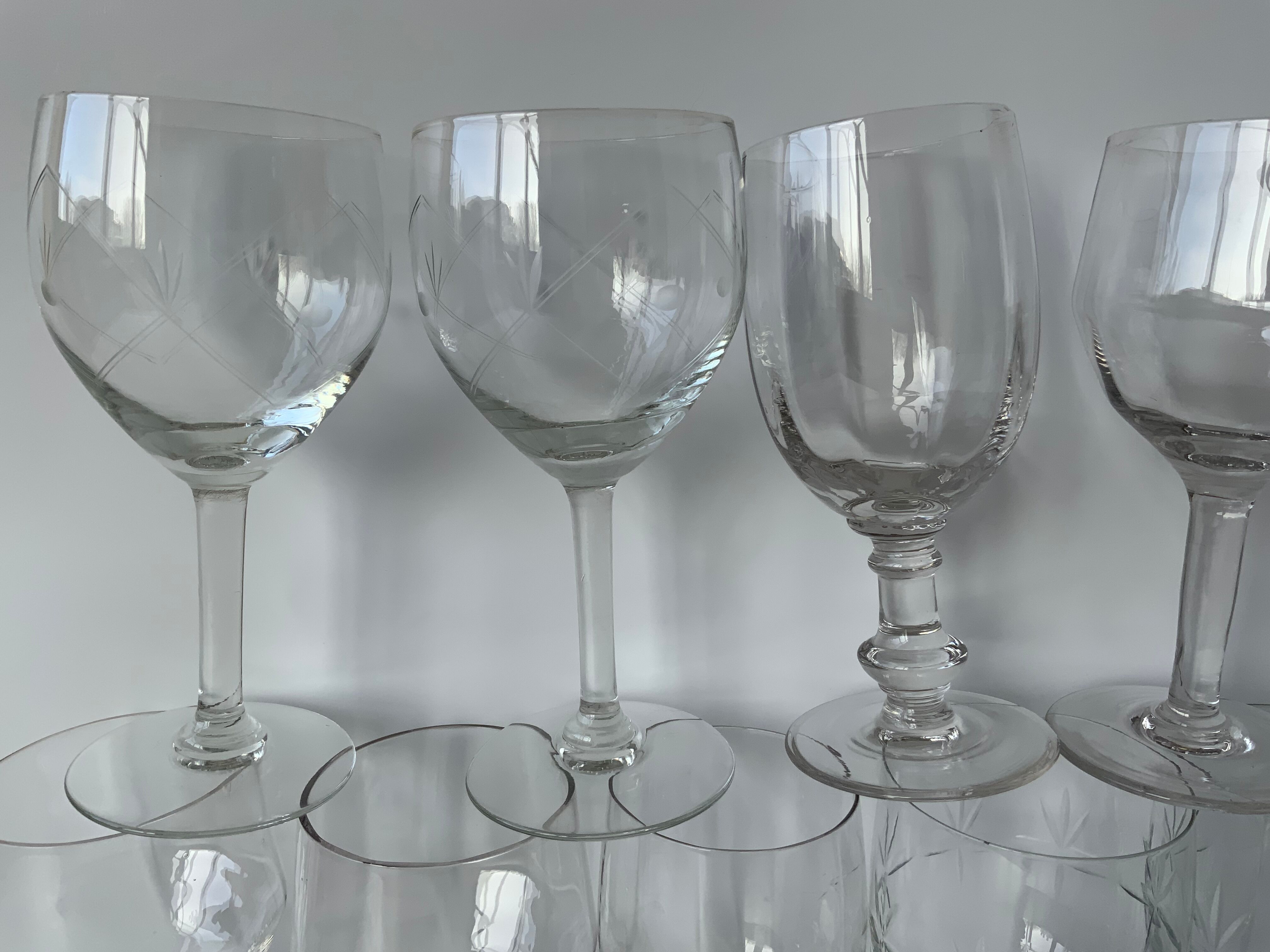 15 antique glasses mismatched