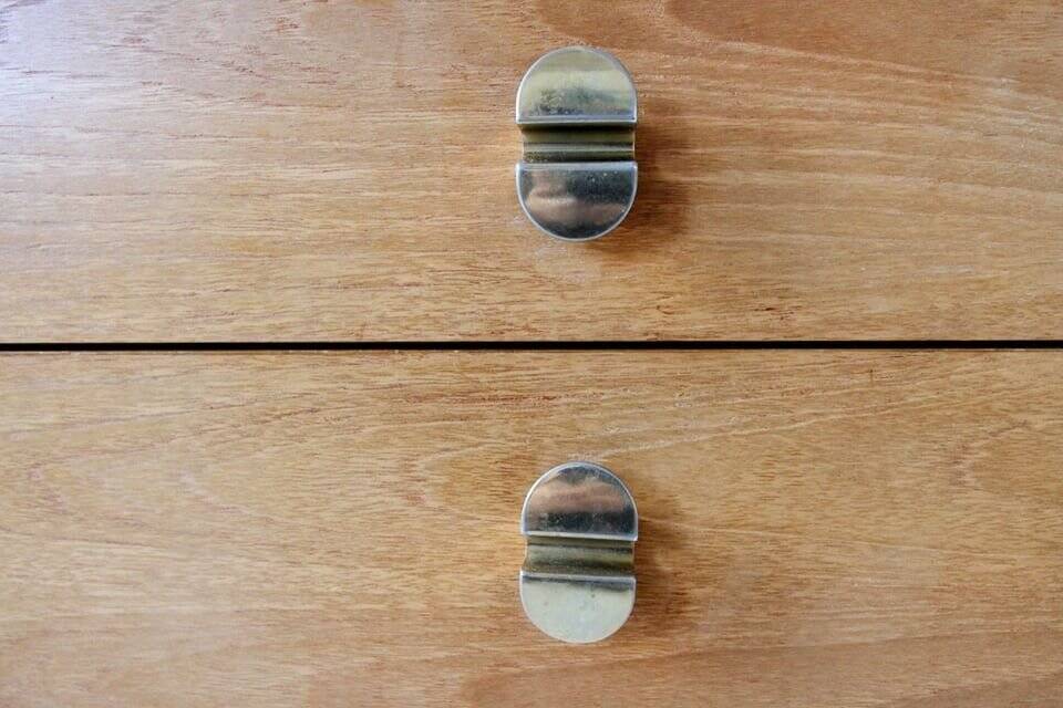 Pair of mid-century brown teak bedside tables, set of 2, 2 drawers.