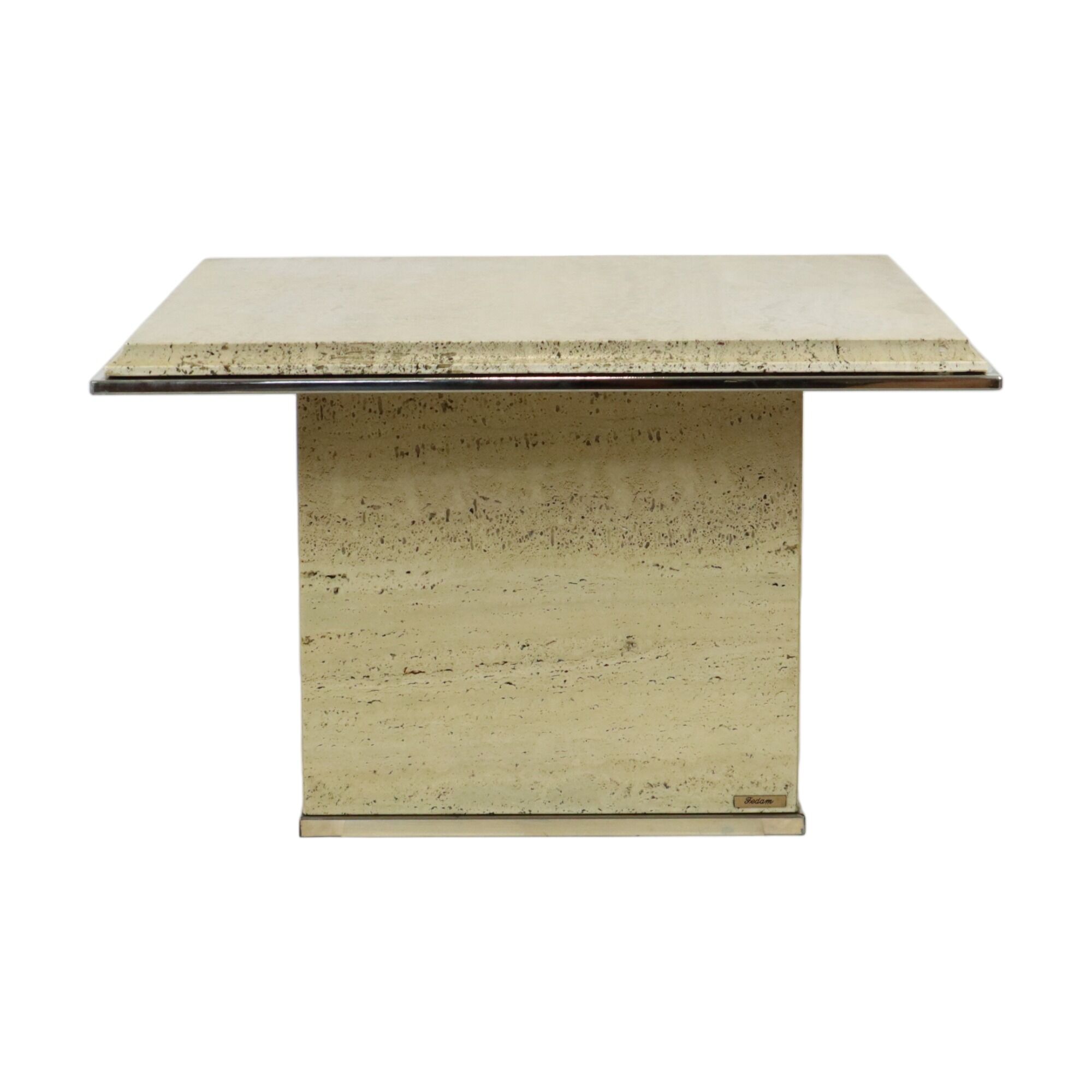 Vintage coffee table side table travertine chrome fedam belgium 1970s design