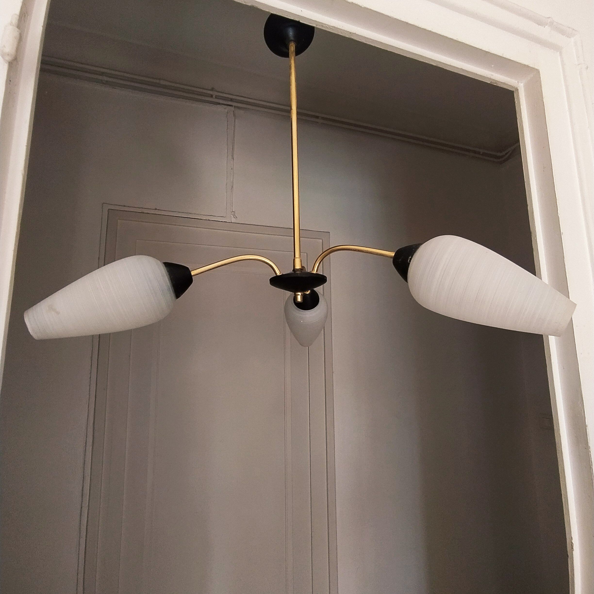 3 branch chandelier 1960 golden brass and opaline