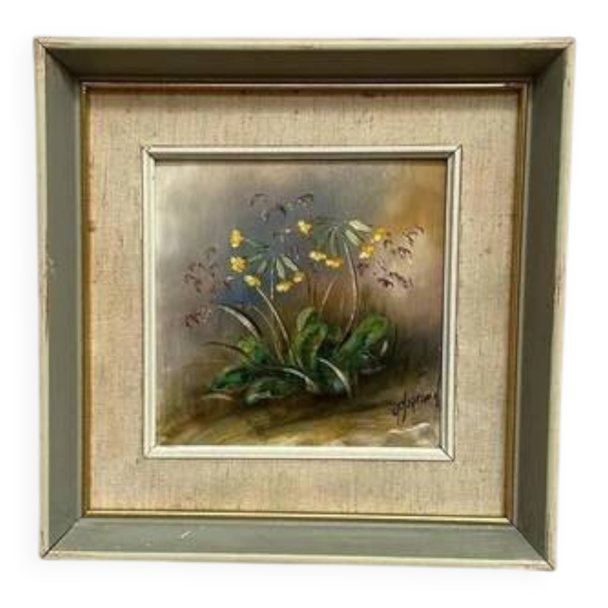 Mid-century oil on panel 'Flowers' by G. Sigrand, vintage & framed 24 × 24 cm