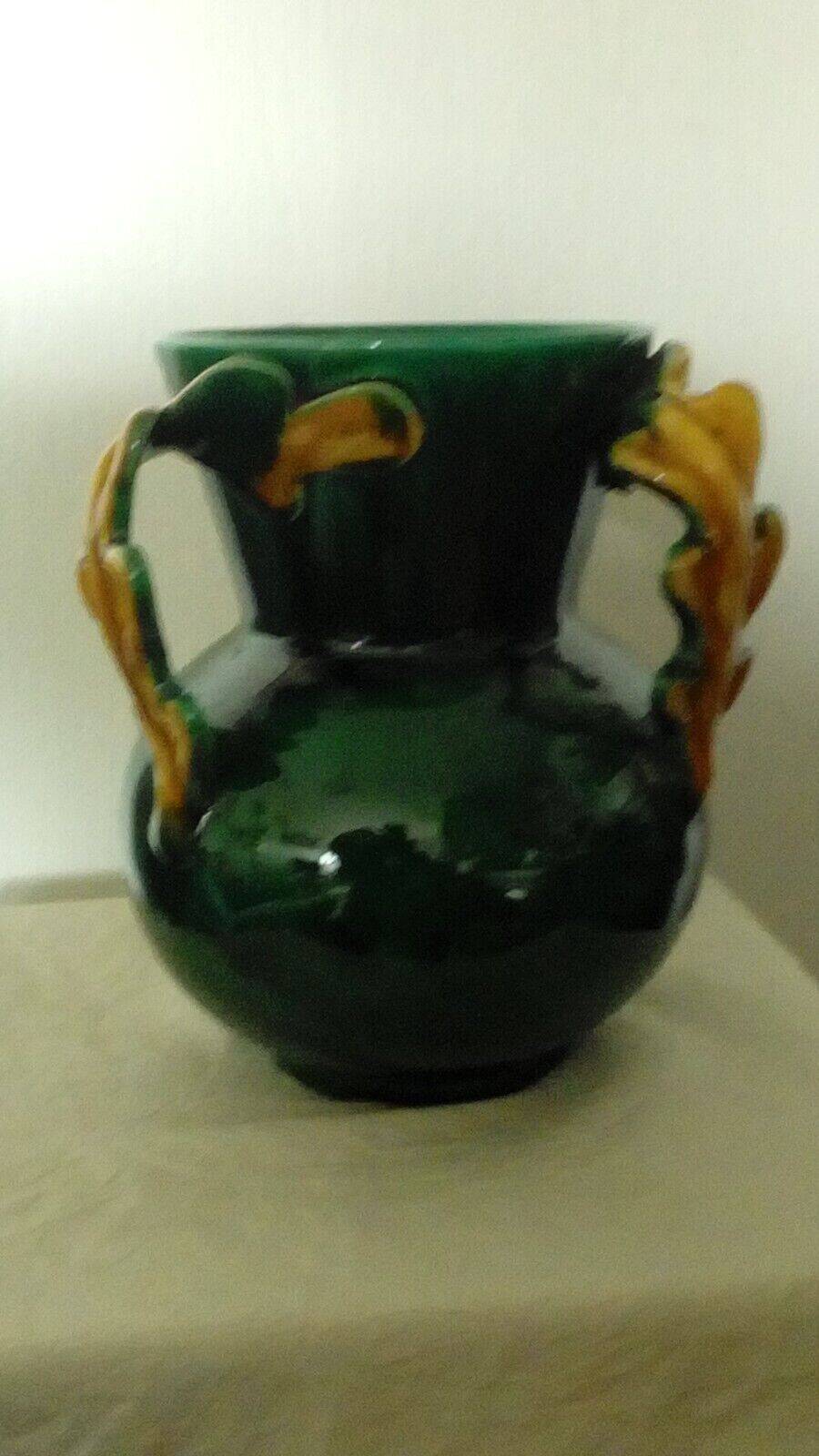 Earthenware vase with 3 handles of Vallauris oak leaves, 1950s vintage