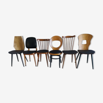 Suite of 6 bistrot Baumann chairs mismatched vintage