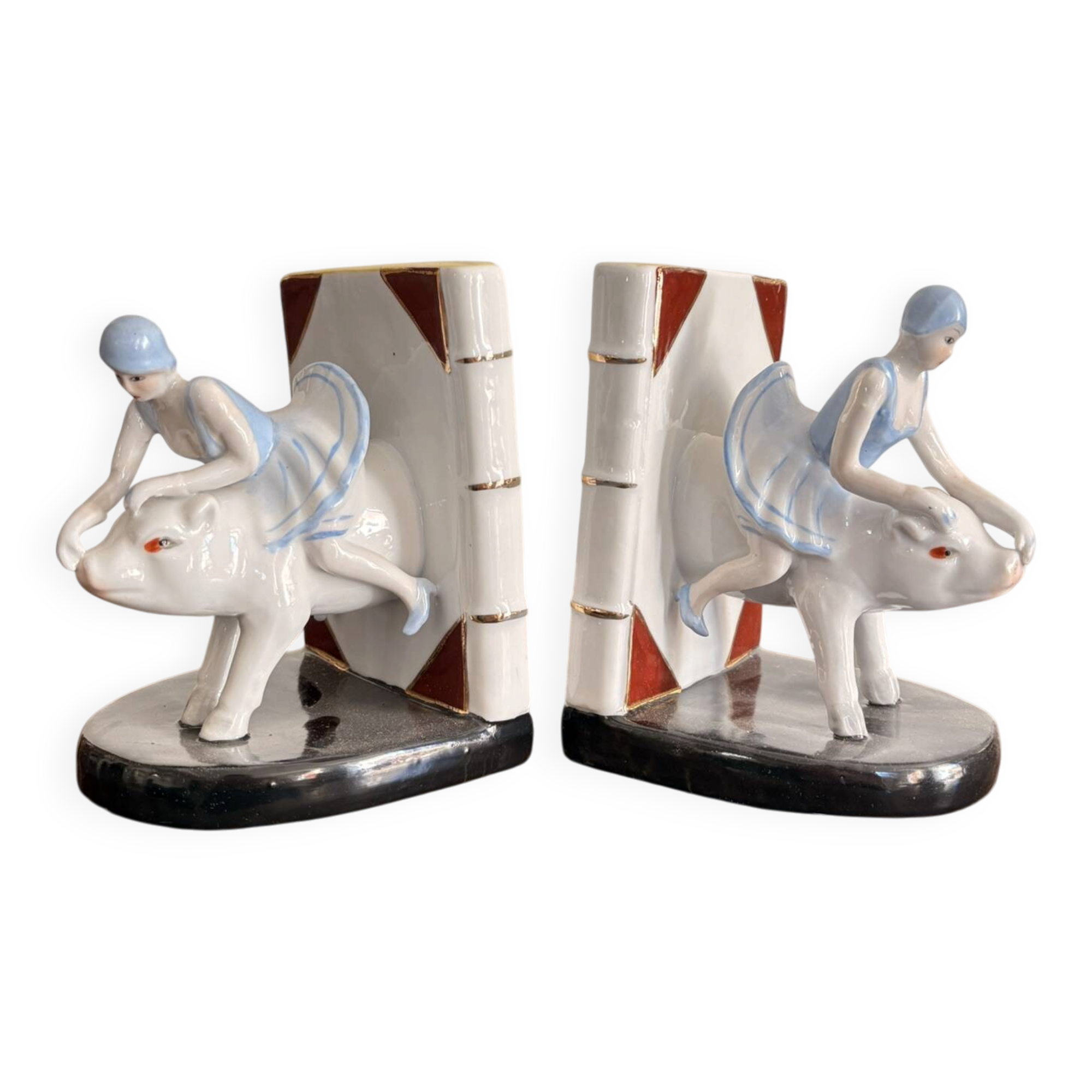 Old Pair of Bookends Porcelain White Girl Woman Equestrian Pig Art