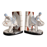 Old Pair of Bookends Porcelain White Girl Woman Equestrian Pig Art