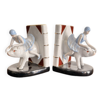 Old Pair of Bookends Porcelain White Girl Woman Equestrian Pig Art