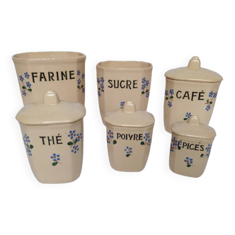 Lot de 6 pots à épices en faïence de la manufacture française Digoin Sarreguemines. Vintage.