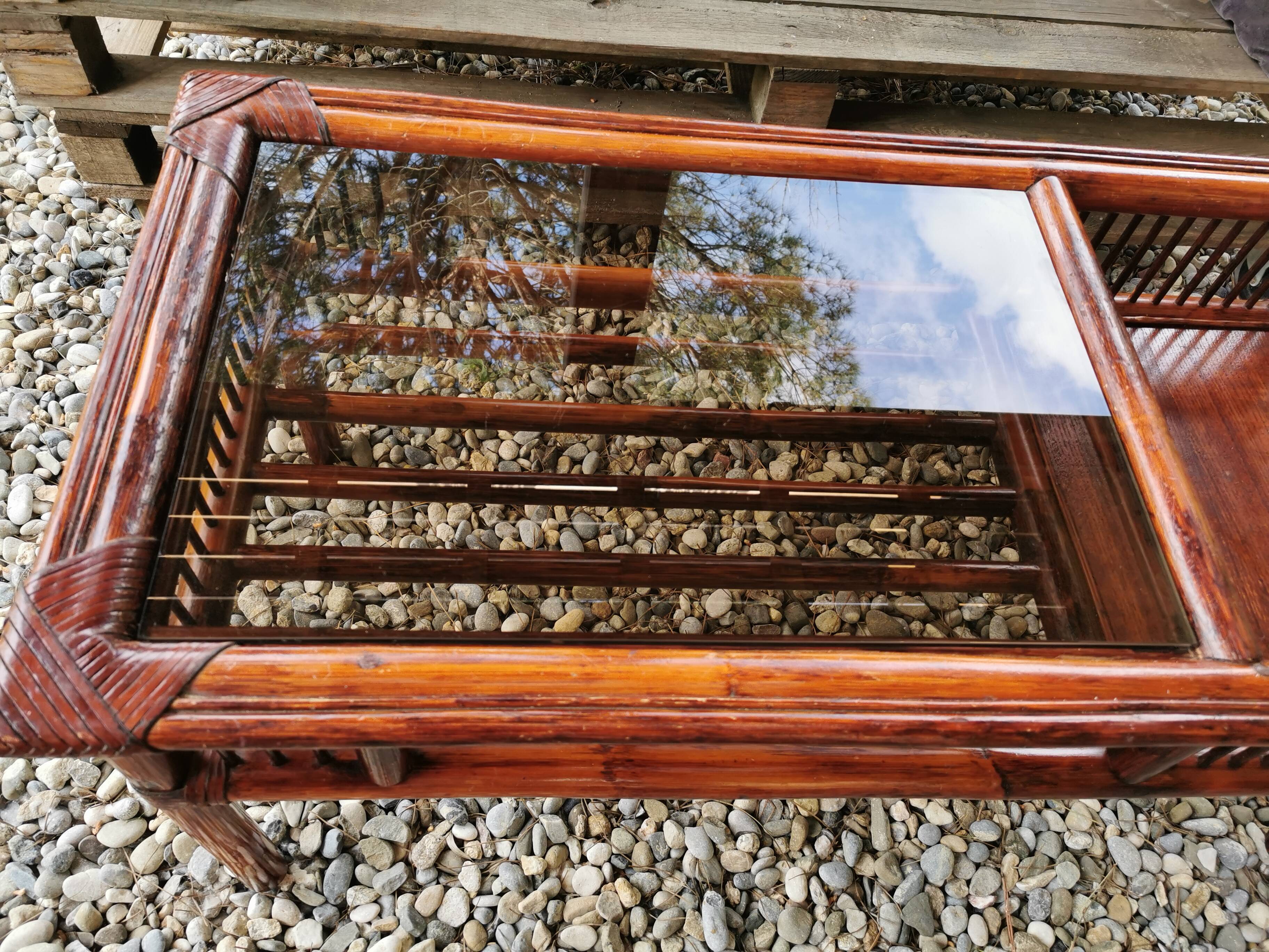 Vintage bamboo and leather coffee table