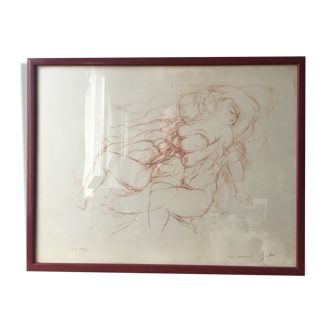 Lithographie « Femme nue allongée » en sanguine par Marcel Gili