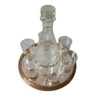 Old glass carafe liquor service with gilding vintage ice mirror tray